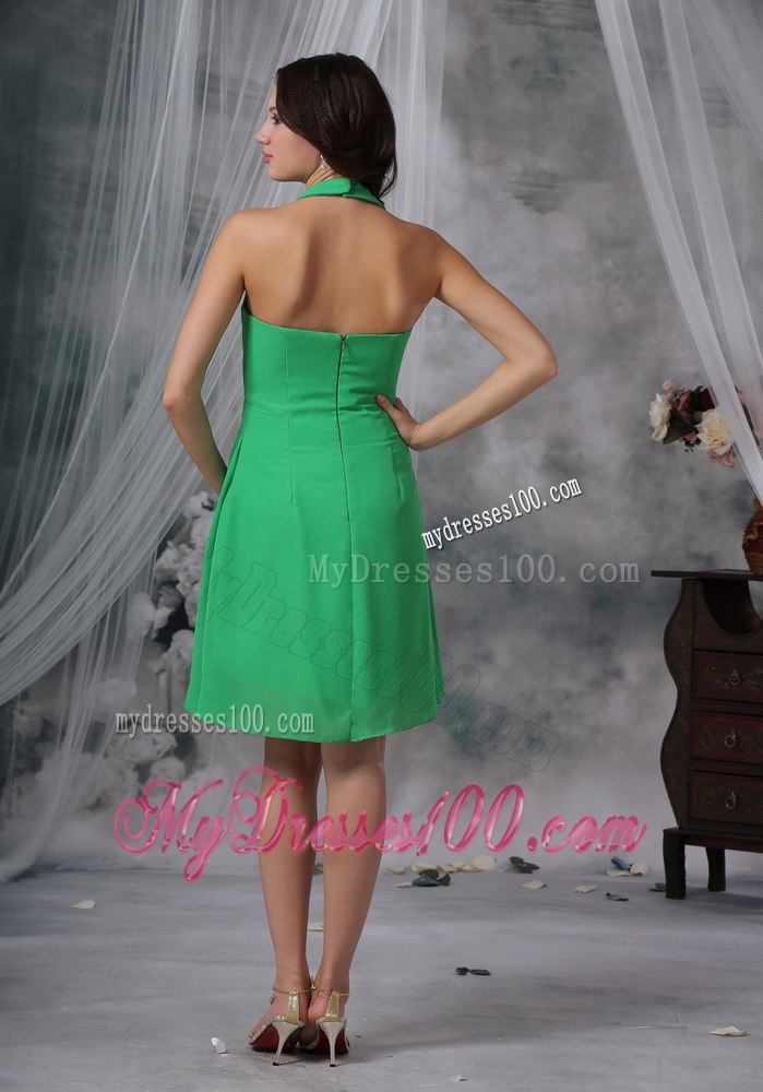 Spring Green Column / Sheath Halter Knee-length Chiffon Bridesmaid Dress