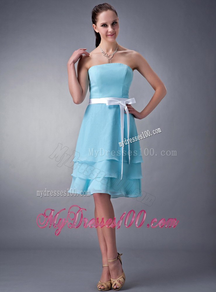 Three Layered Strapless Knee-length Bridesmaid Dresses in Aqua Blue