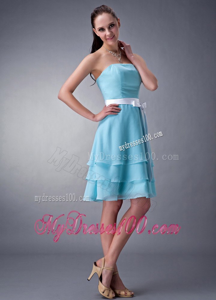 Three Layered Strapless Knee-length Bridesmaid Dresses in Aqua Blue