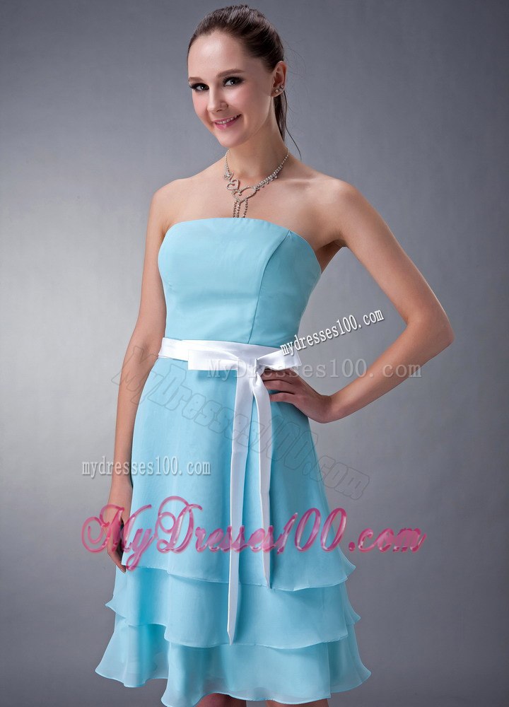 Three Layered Strapless Knee-length Bridesmaid Dresses in Aqua Blue