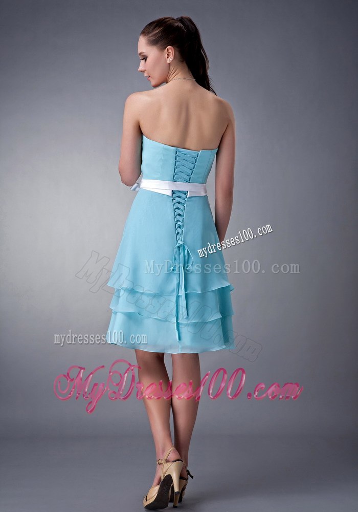 Three Layered Strapless Knee-length Bridesmaid Dresses in Aqua Blue