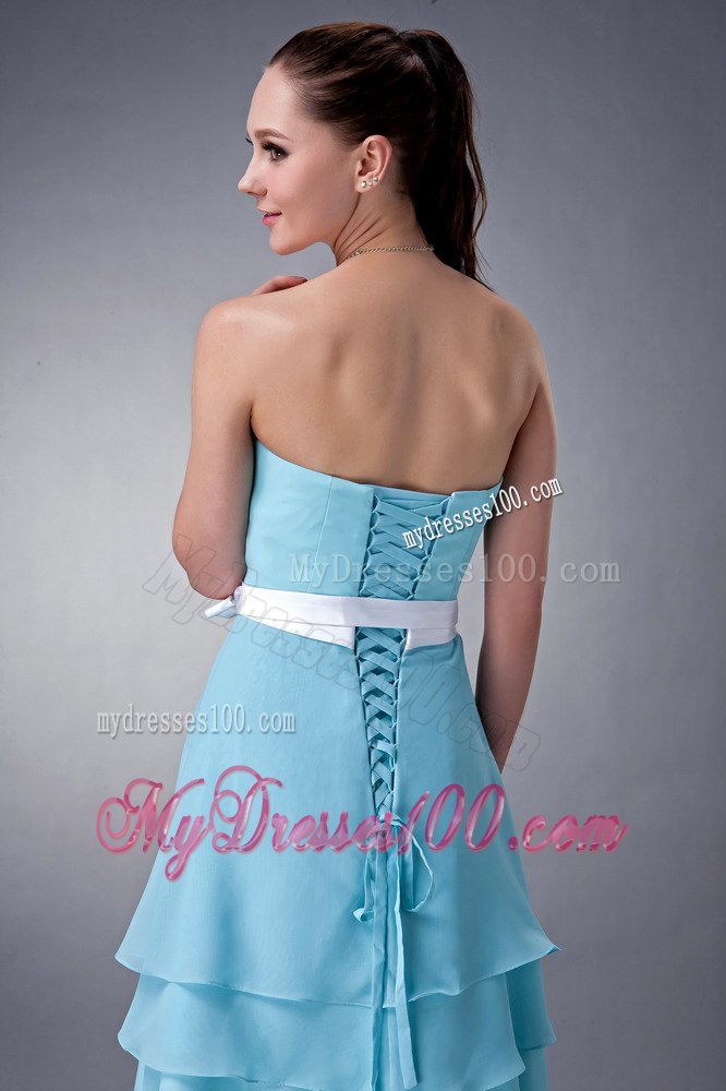 Three Layered Strapless Knee-length Bridesmaid Dresses in Aqua Blue