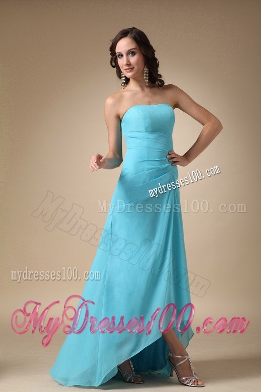 Teal High and Low Strapless Pleated Junior Bridesmaid Dress