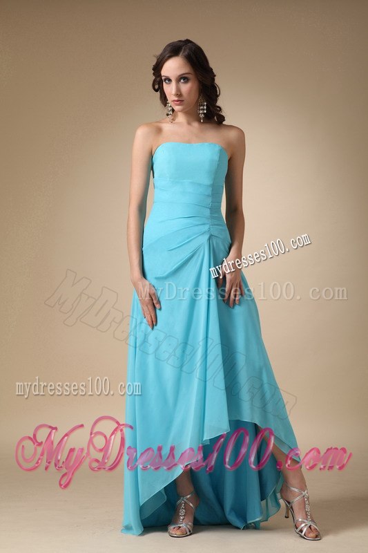 Teal High and Low Strapless Pleated Junior Bridesmaid Dress