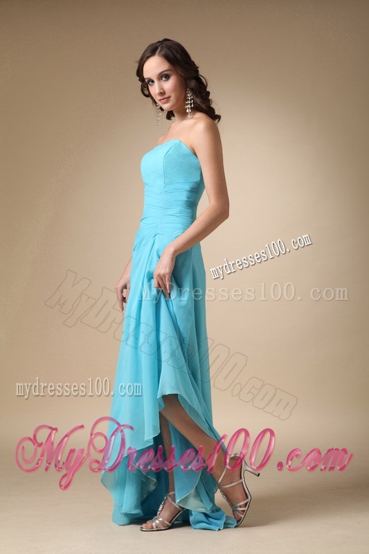 Teal High and Low Strapless Pleated Junior Bridesmaid Dress