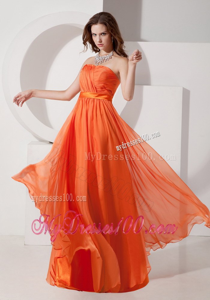 Strapless Orange Ruching Floor-length Dresses For Bridesmaid