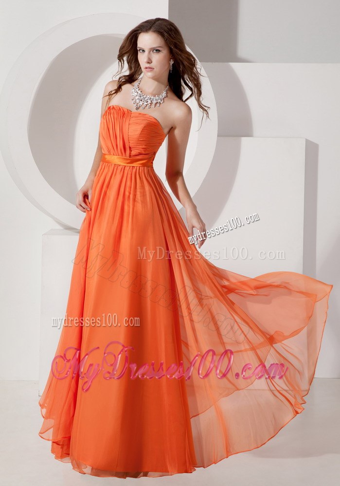 Strapless Orange Ruching Floor-length Dresses For Bridesmaid