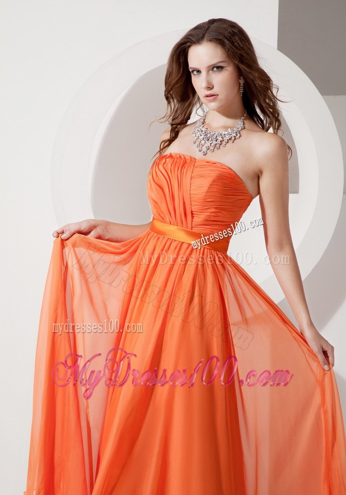 Strapless Orange Ruching Floor-length Dresses For Bridesmaid