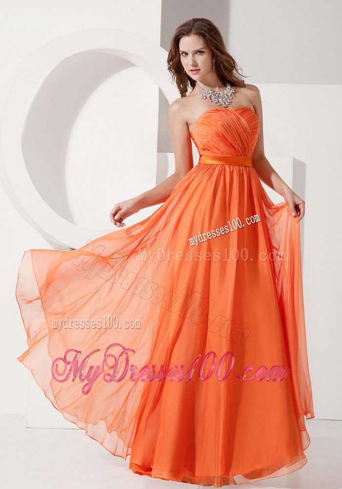 Strapless Orange Ruching Floor-length Dresses For Bridesmaid