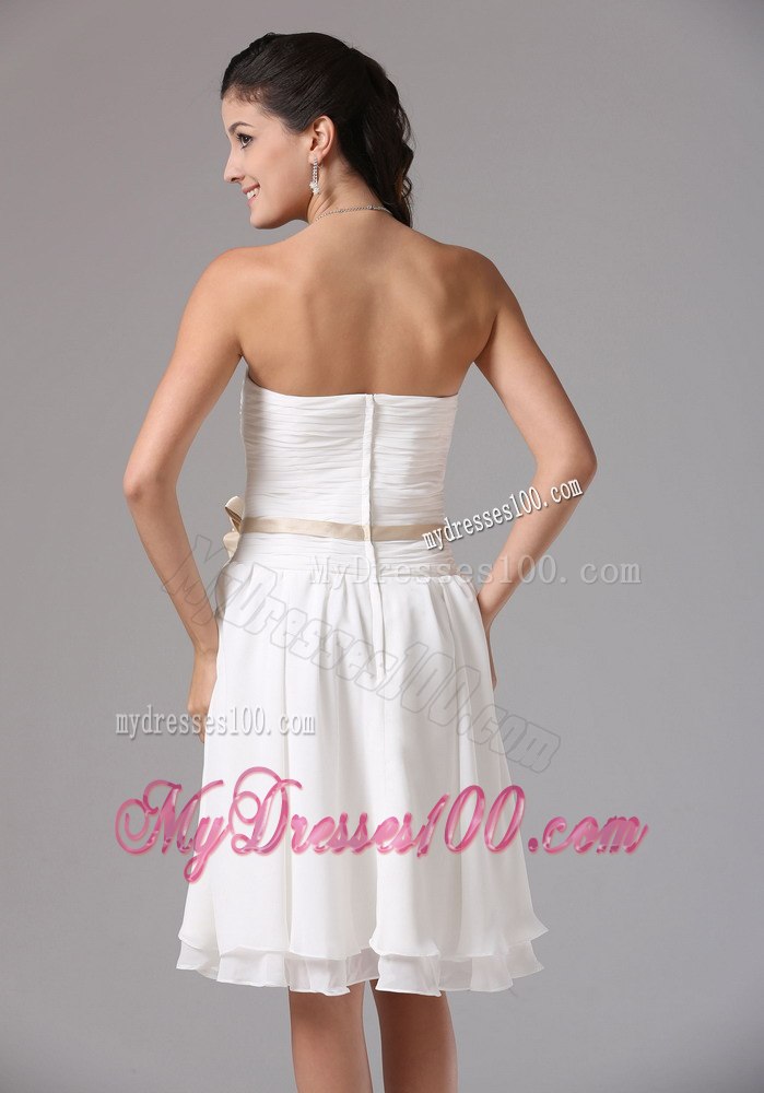 Ruched White Strapless Short Bridesmaid Dresses with Ribbon