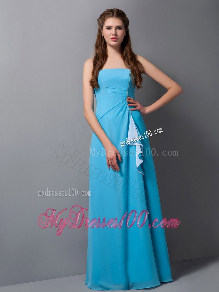 Sky Blue Strapless A-line Ruffled and Pleated Maid of Honor Dress