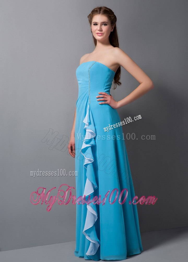 Sky Blue Strapless A-line Ruffled and Pleated Maid of Honor Dress
