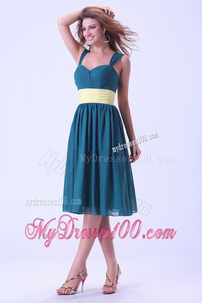 Teal Straps Sweetheart Chiffon Pleated Tea Length Bridesmaid Dresses