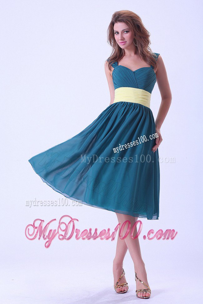 Teal Straps Sweetheart Chiffon Pleated Tea Length Bridesmaid Dresses