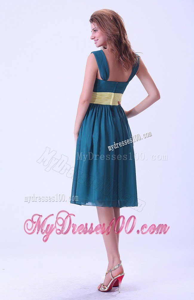 Teal Straps Sweetheart Chiffon Pleated Tea Length Bridesmaid Dresses