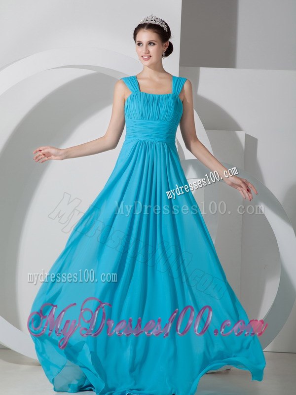 Turquoise Ruching Square Straps Floor-length Bridesmaid Dresses