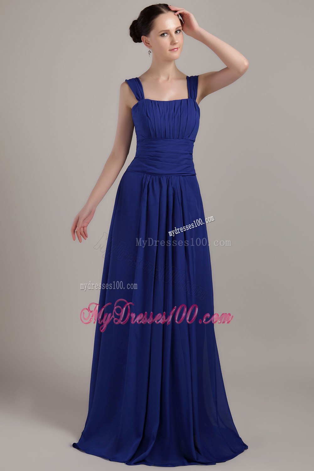 Royal Blue Straps Pleated Long Junior Bridesmaid Dress with Zipper up