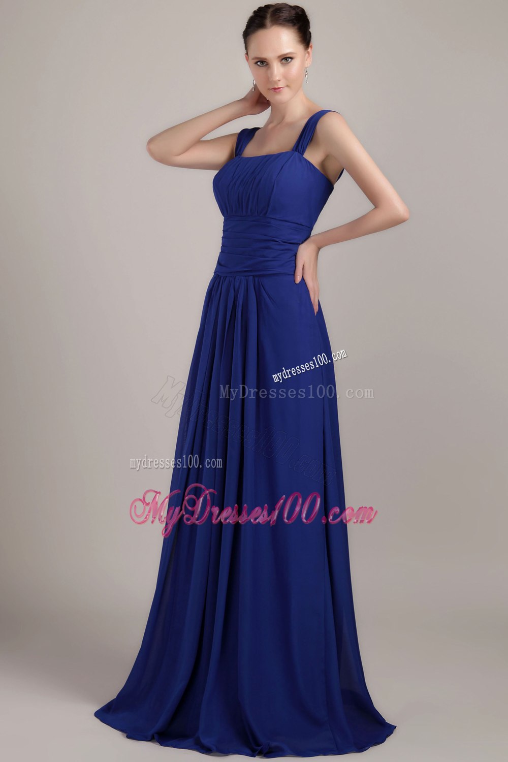 Royal Blue Straps Pleated Long Junior Bridesmaid Dress with Zipper up