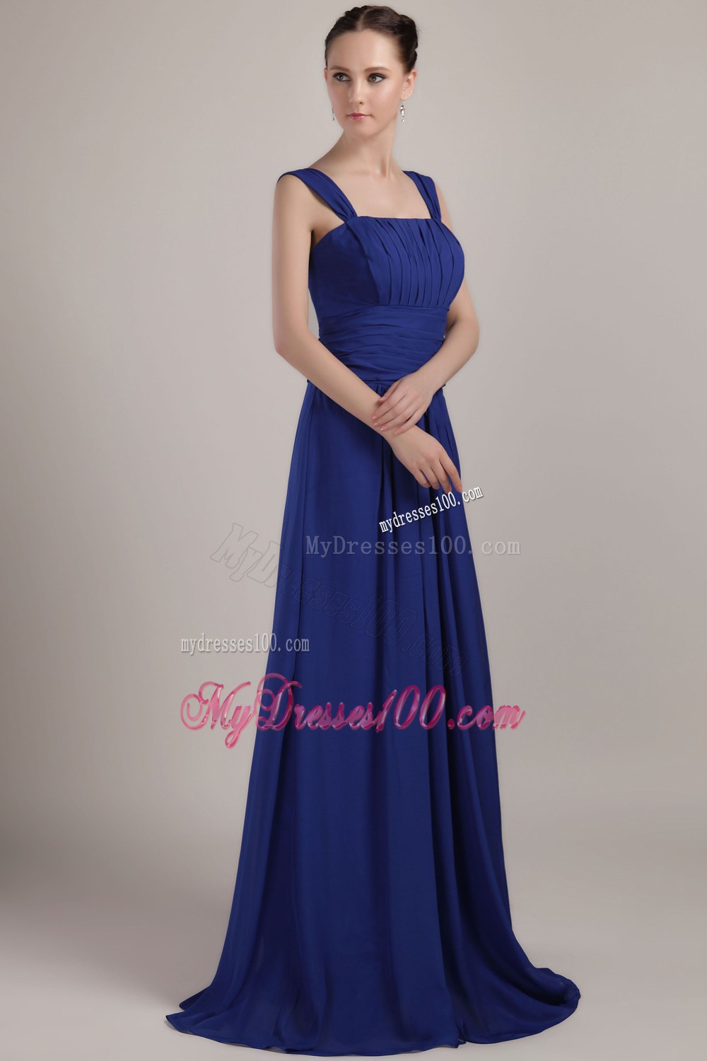 Royal Blue Straps Pleated Long Junior Bridesmaid Dress with Zipper up