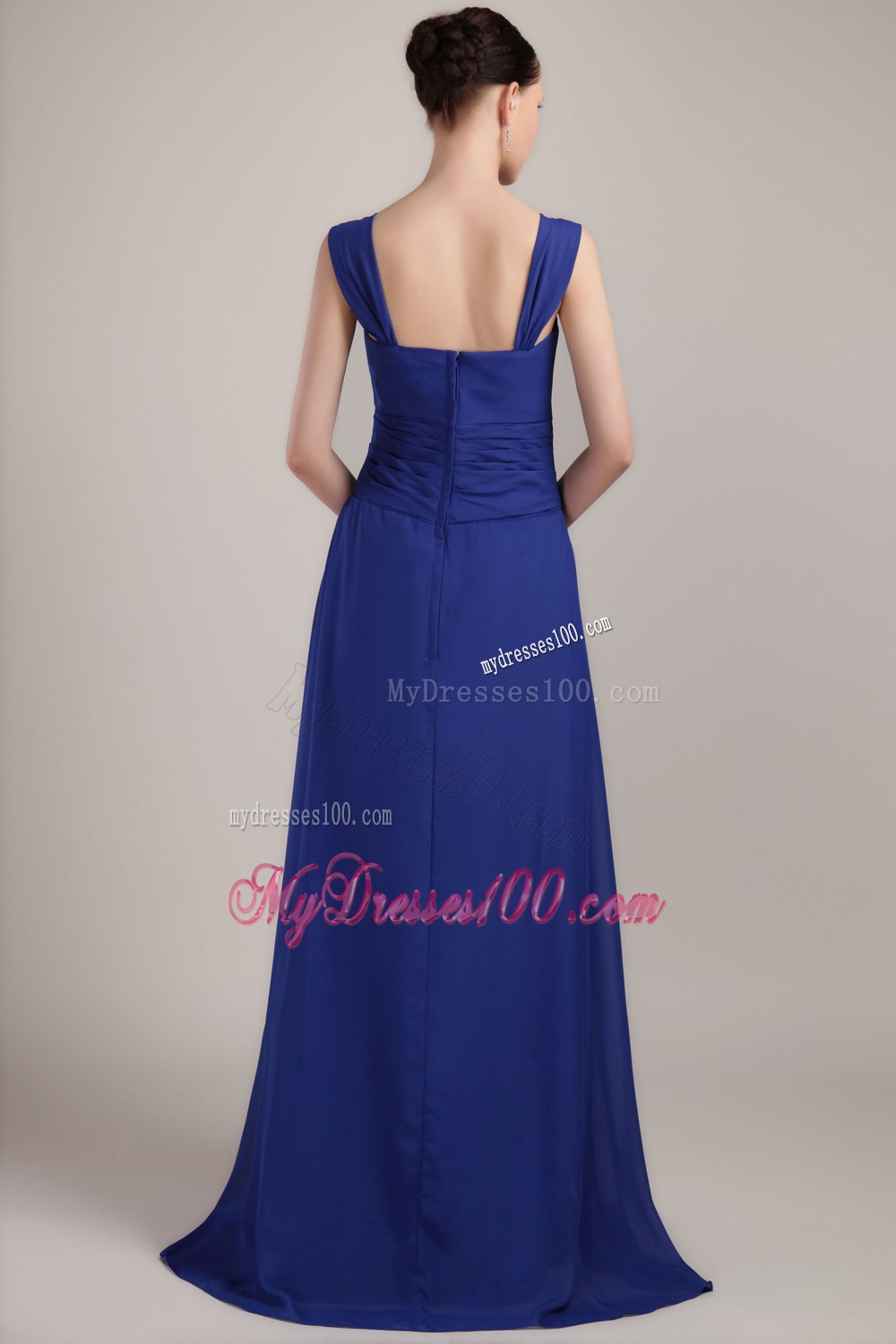 Royal Blue Straps Pleated Long Junior Bridesmaid Dress with Zipper up