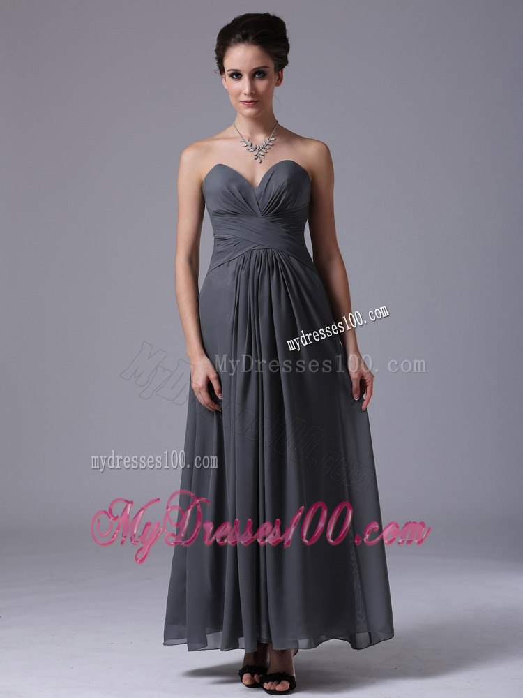 Grey Sweetheart Strapless Pleated Empire Tea Length Bridesmaid Dresses