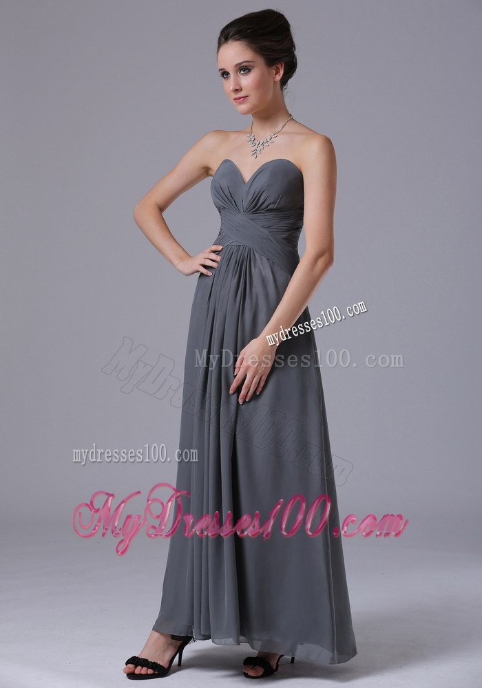 Grey Sweetheart Strapless Pleated Empire Tea Length Bridesmaid Dresses