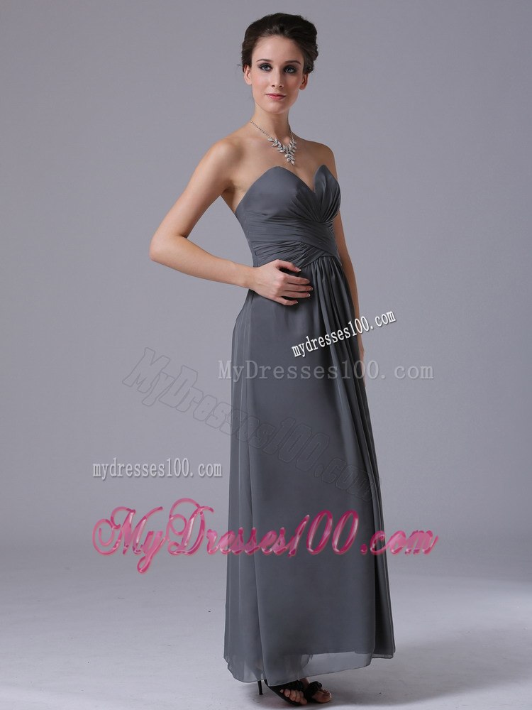 Grey Sweetheart Strapless Pleated Empire Tea Length Bridesmaid Dresses