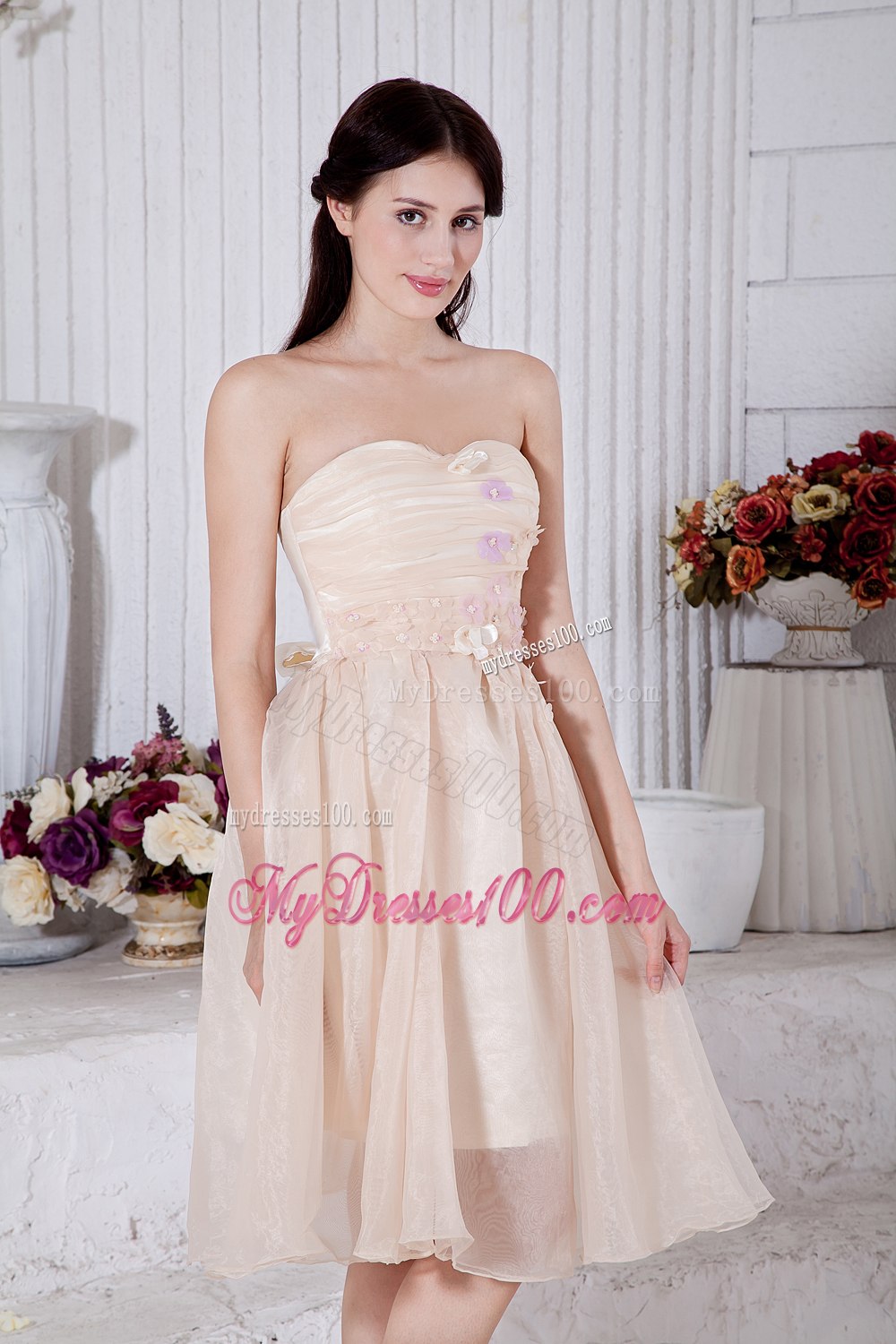 Champagne Strapless Pleated Strapless Junior Bridesmaid Dress Tea Length