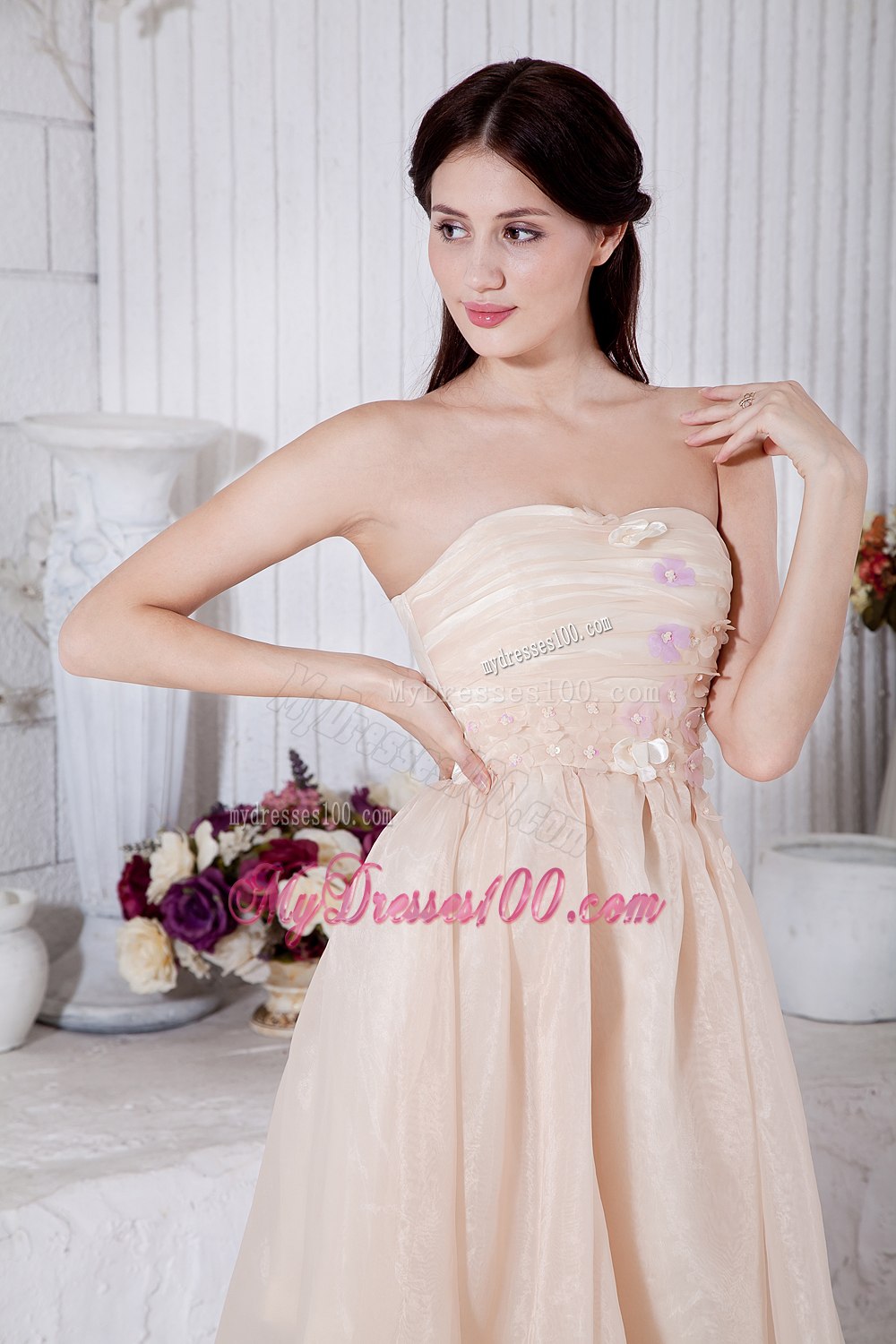 Champagne Strapless Pleated Strapless Junior Bridesmaid Dress Tea Length