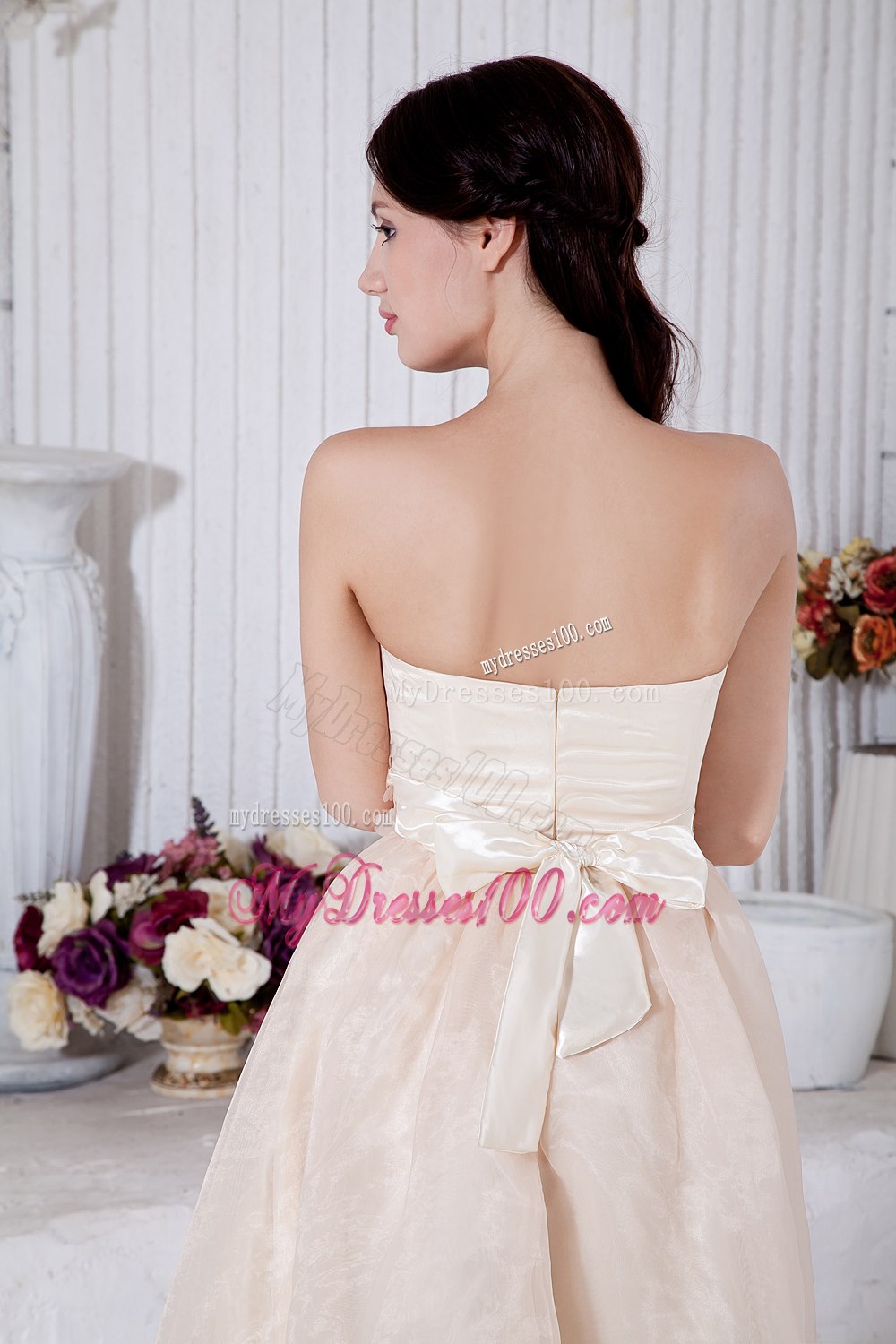 Champagne Strapless Pleated Strapless Junior Bridesmaid Dress Tea Length