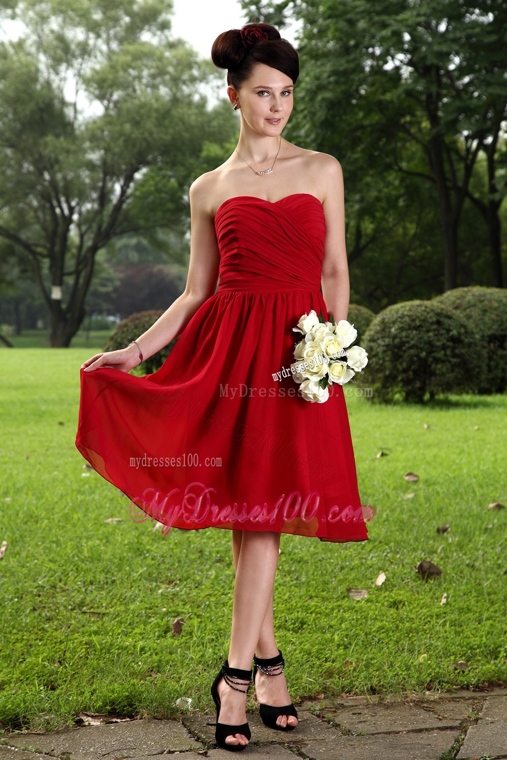 Wine Red Sweetheart Strapless Ruching Maid of Honor Dress Short