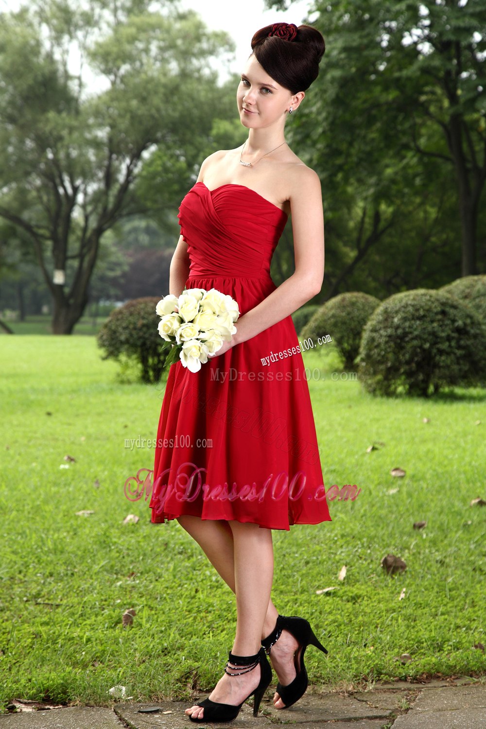 Wine Red Sweetheart Strapless Ruching Maid of Honor Dress Short