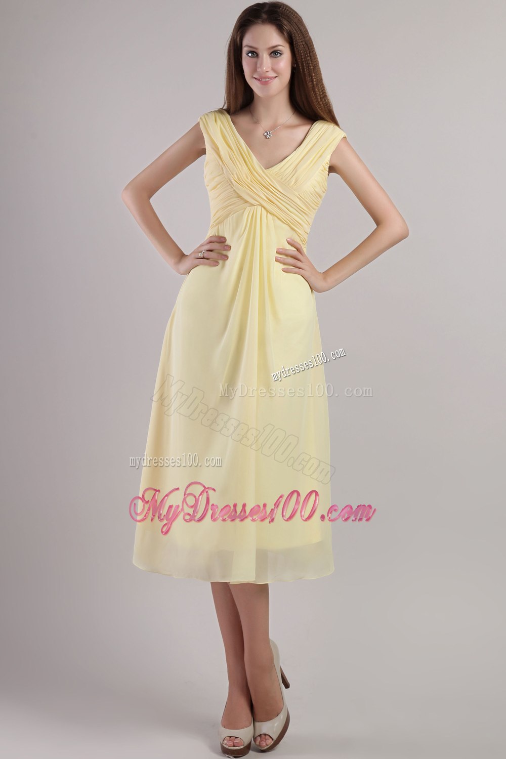 Pleated V Neckline Empire Tea Length Maid of Honor Dress in Yellow