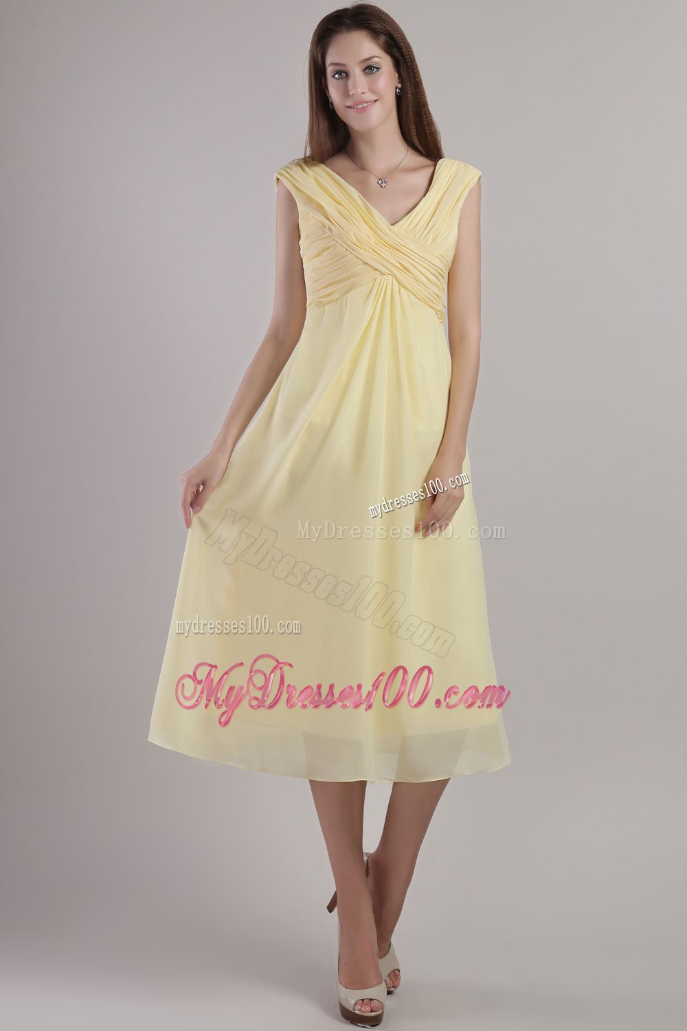 Pleated V Neckline Empire Tea Length Maid of Honor Dress in Yellow