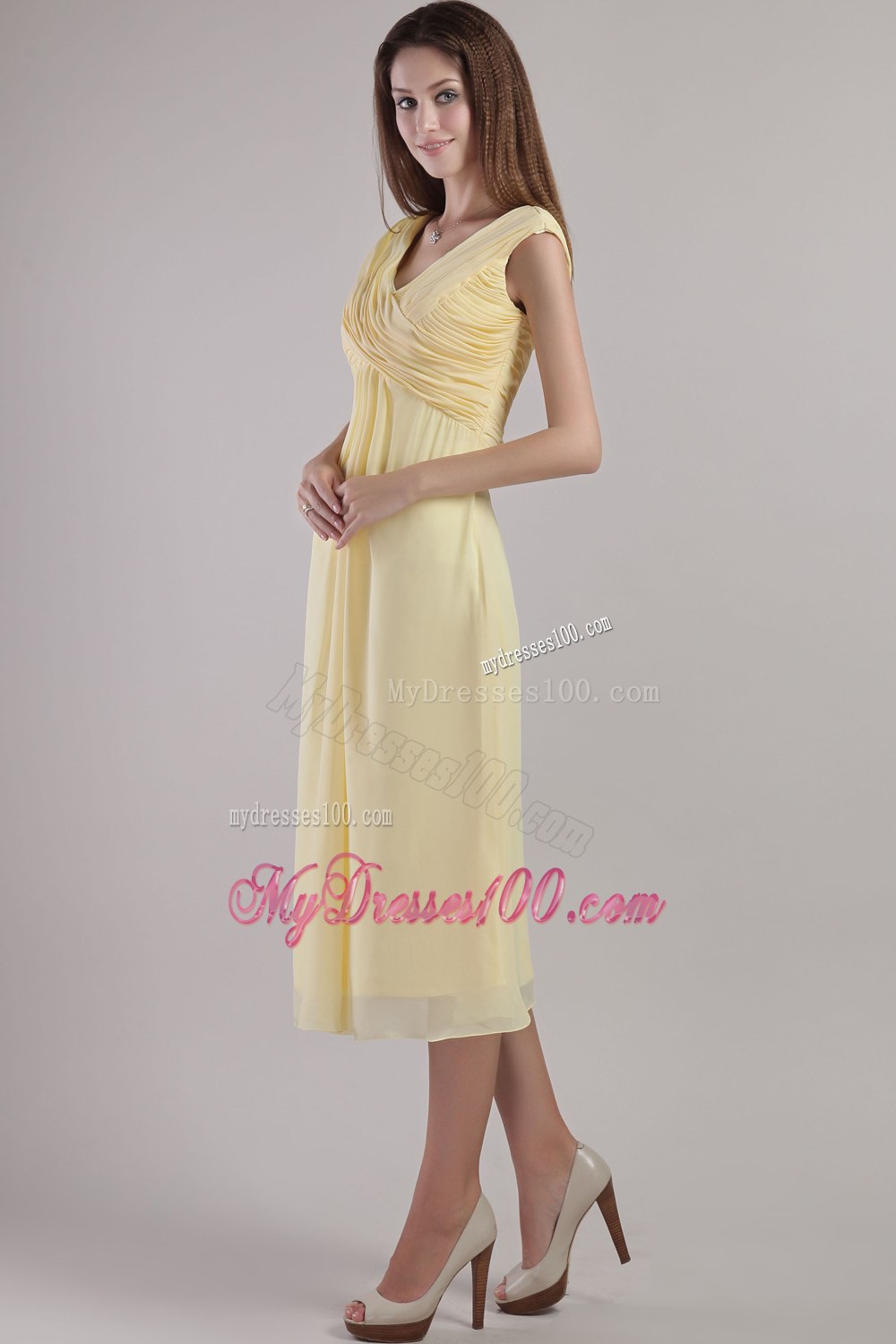 Pleated V Neckline Empire Tea Length Maid of Honor Dress in Yellow