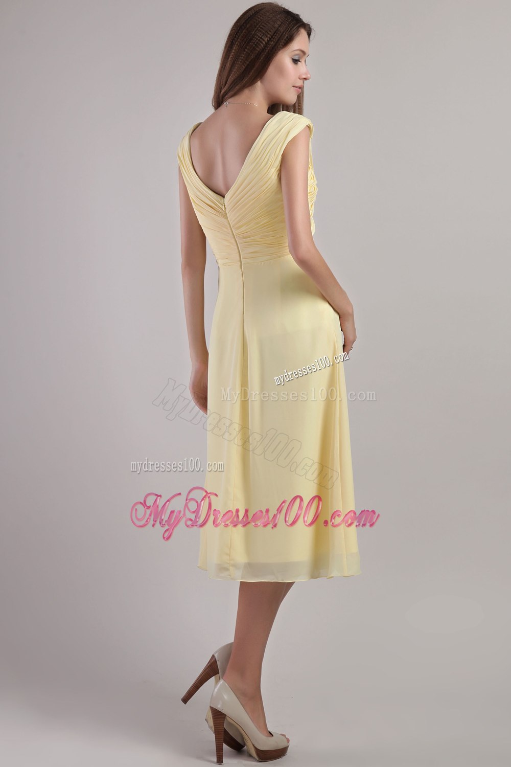 Pleated V Neckline Empire Tea Length Maid of Honor Dress in Yellow