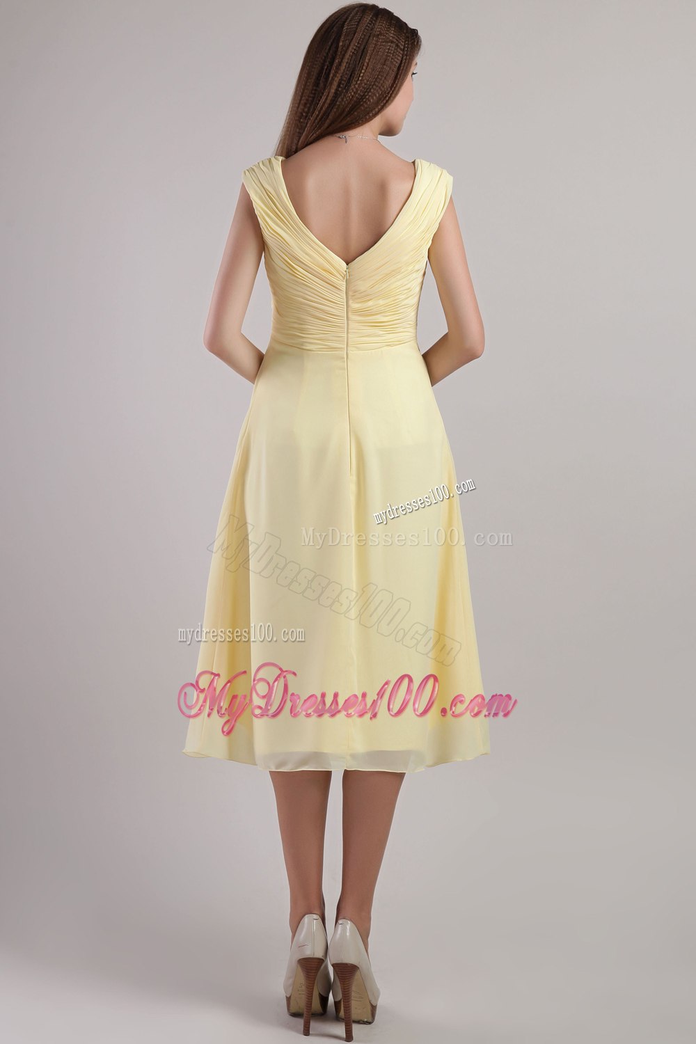 Pleated V Neckline Empire Tea Length Maid of Honor Dress in Yellow