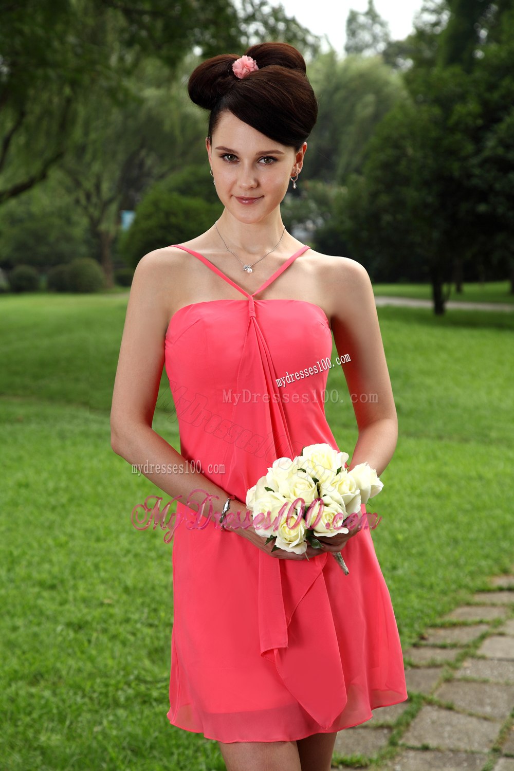 Watermelon Mini Length Halter Straps Bridesmaid Dresses with Ruffles