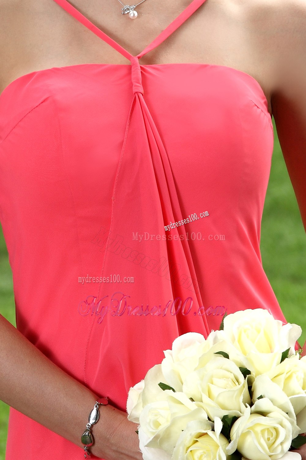 Watermelon Mini Length Halter Straps Bridesmaid Dresses with Ruffles