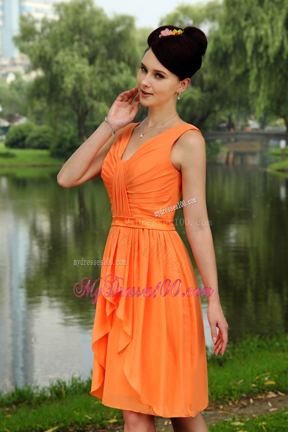 V-neck Pleated Chiffon Short Ruffled Maid of Honor Dresses with Sash