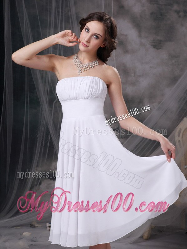 White Strapless Ruched Short Junior Bridesmaid Dress with Zipper Up back