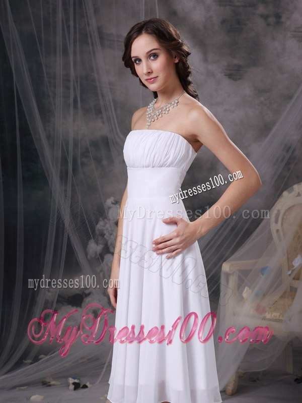 White Strapless Ruched Short Junior Bridesmaid Dress with Zipper Up back