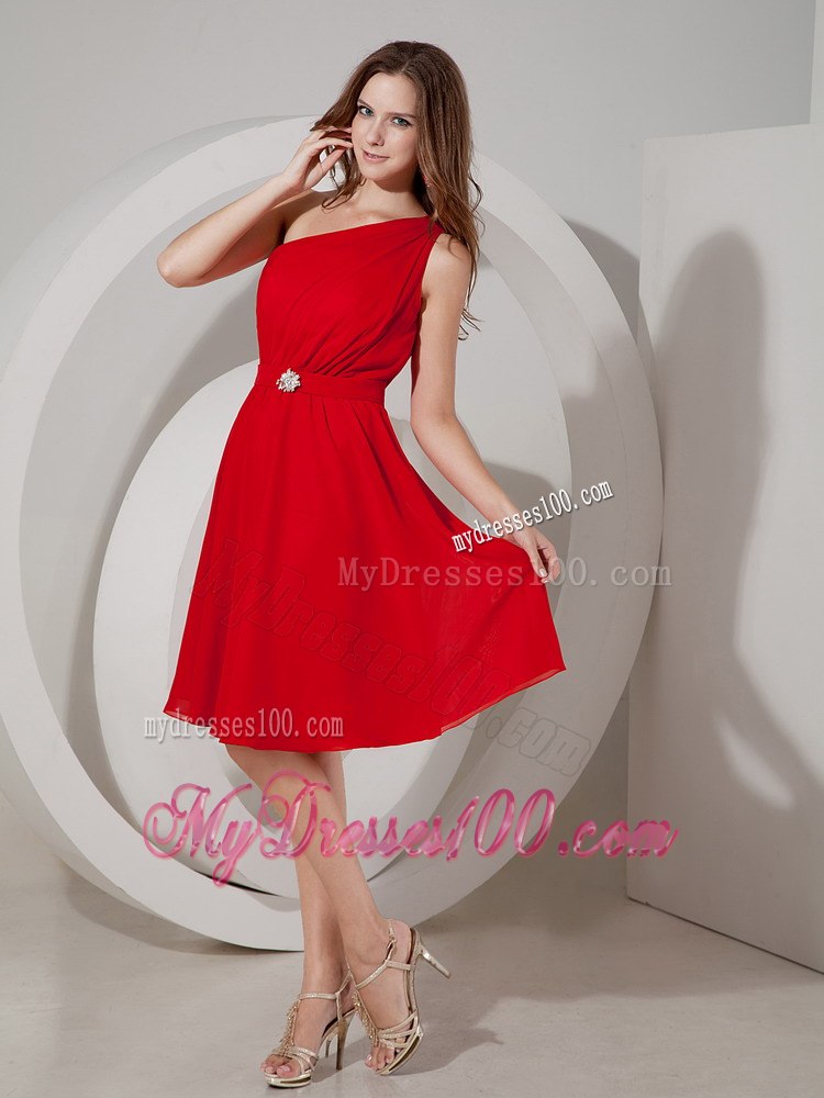 Pleated One Shoulder Red Bridesmaid Dress Mini-length with Lace up Back