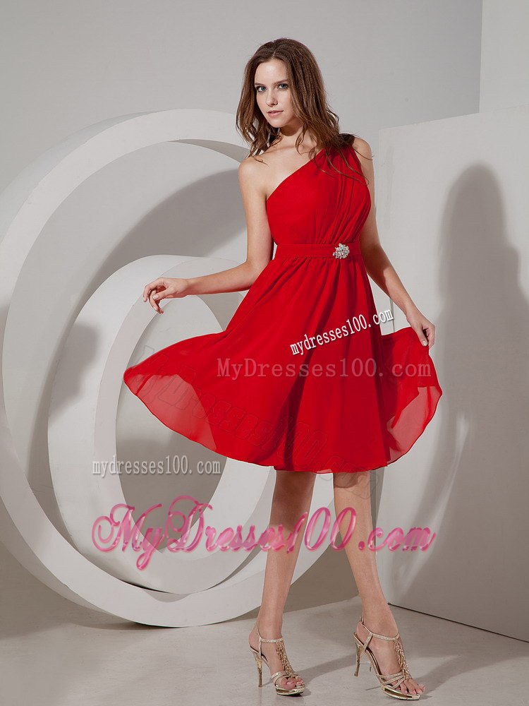 Pleated One Shoulder Red Bridesmaid Dress Mini-length with Lace up Back