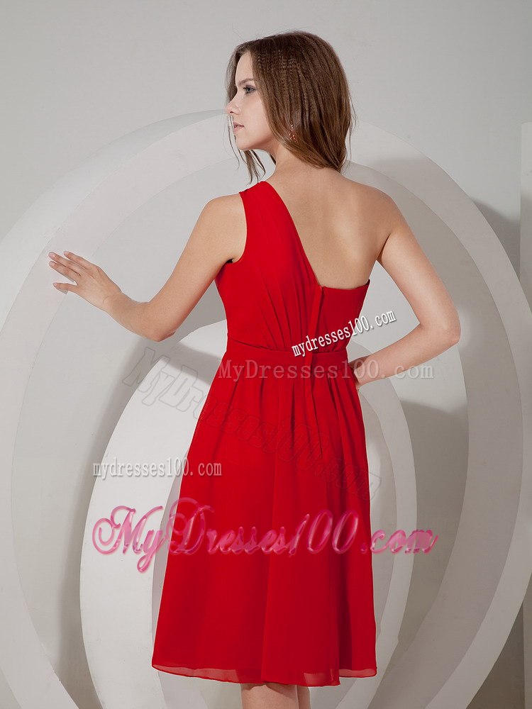 Pleated One Shoulder Red Bridesmaid Dress Mini-length with Lace up Back