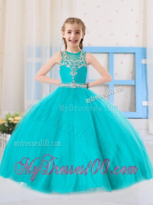 2016 Princess Scoop Aqua Blue Little Girl Pageant Dress with Beading
