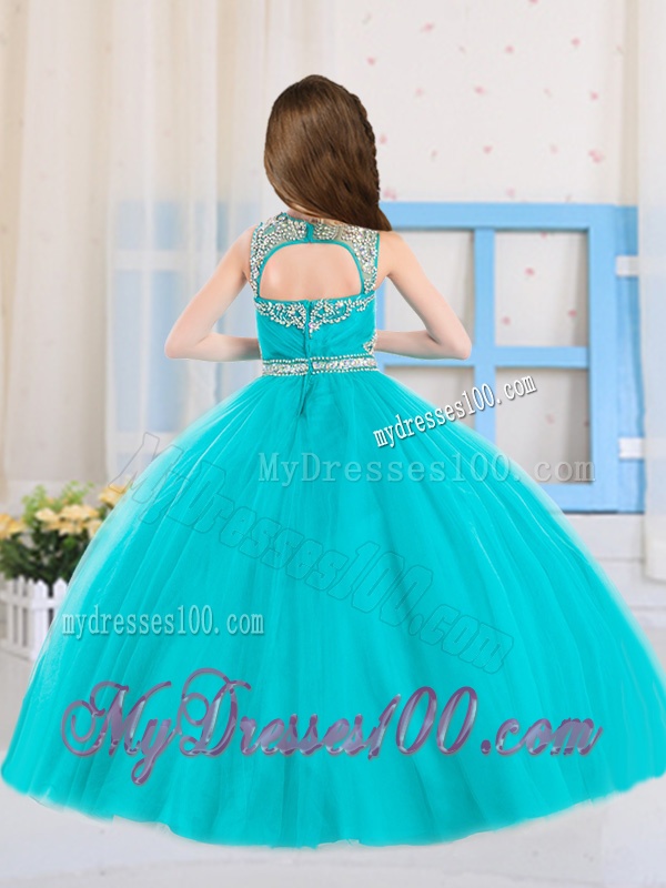 2016 Princess Scoop Aqua Blue Little Girl Pageant Dress with Beading