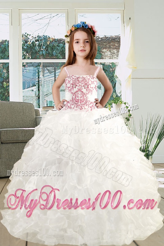 2016 Spaghetti Straps Embroidery Ruffles White Organza Little Girl Pageant Dress