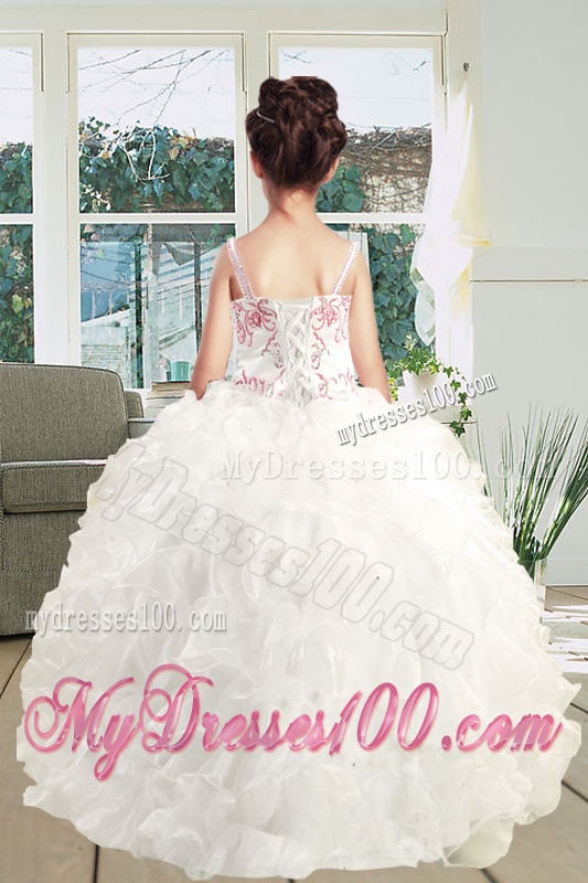 2016 Spaghetti Straps Embroidery Ruffles White Organza Little Girl Pageant Dress