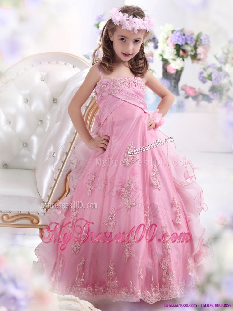 2016 Unique Rose Pink Spaghetti Straps Little Girl Pageant Dress with Appliques